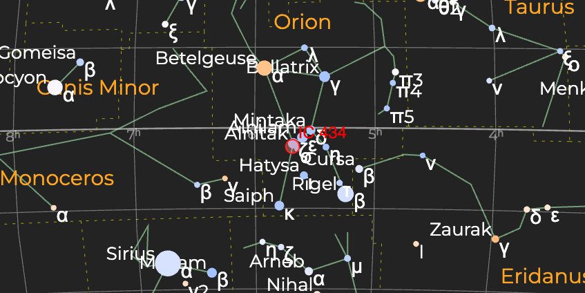 Туманность "Конская голова" (IC 434) - Расположение на астрономической карте